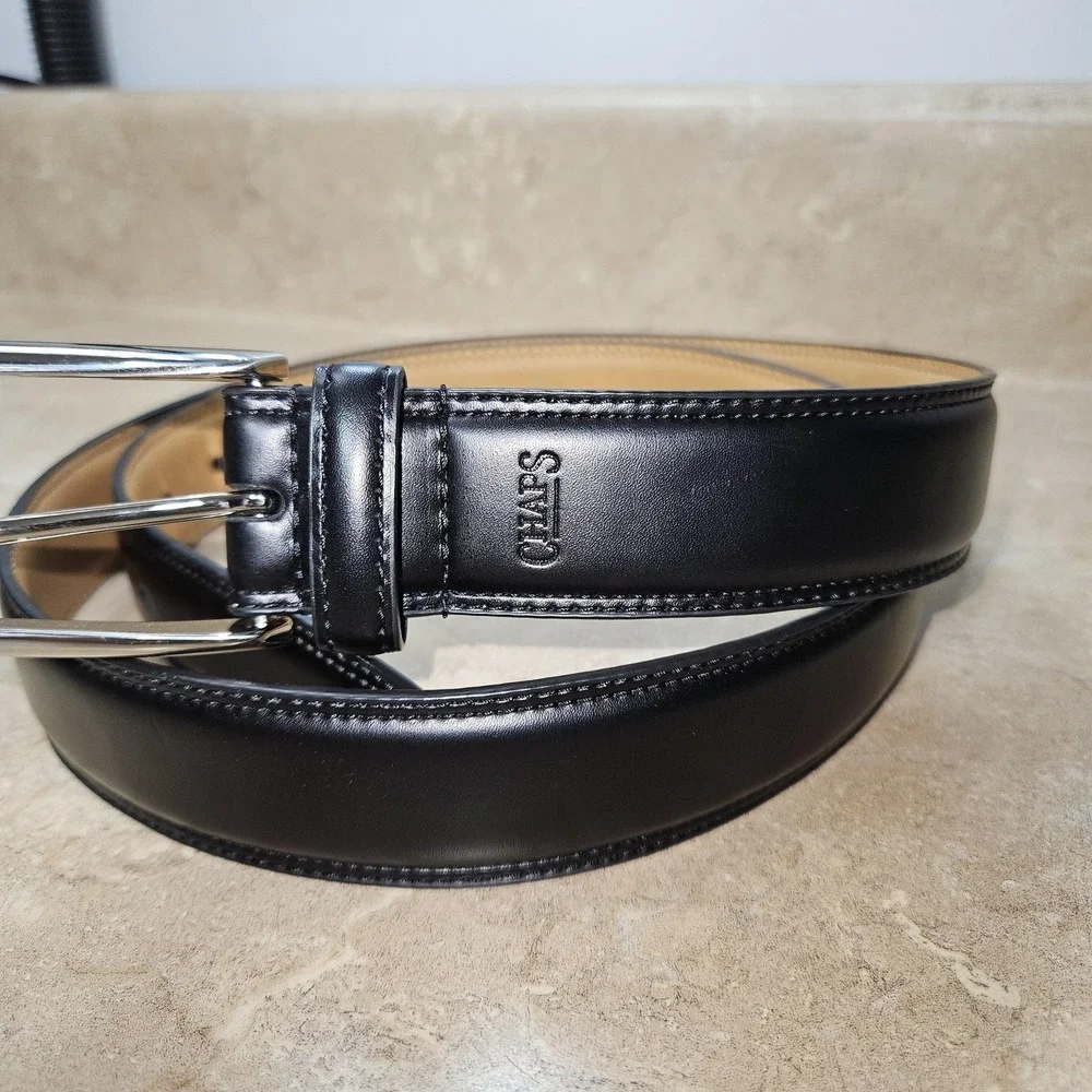 Chaps Belt Mens Large 38-40 Black Dress Silver‎ Buckle Imitation Leather Classic